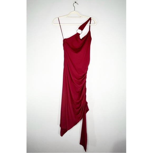 NICHOLAS Dresses & Skirts - Nicholas One Shoulder Ribbed Cutout Ruched Asymmetrical Midi Dress Maroon Wine